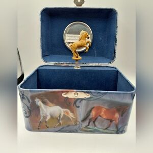 2008 Schylling Tin Horse-Themed Blue and Brown Jewelry Box In Original Box.
